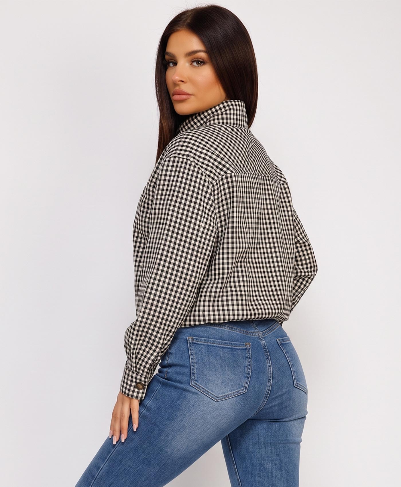 White Gingham Check Zip-Up Windbreaker Jacket