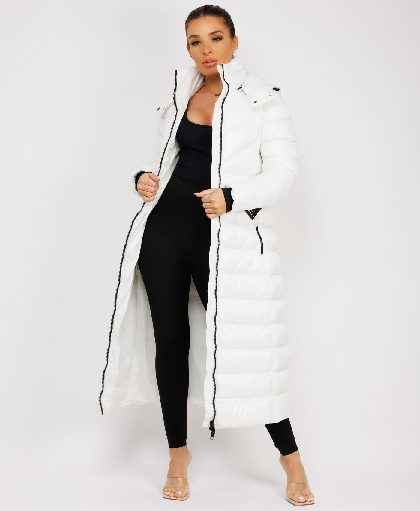 White Long Padded Puffer Trench Coat Jacket With Hood Belt – www