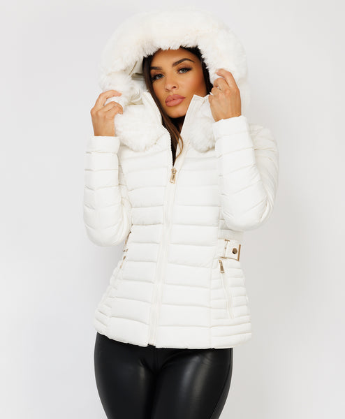 Belted coat with faux fur trim hood best sale