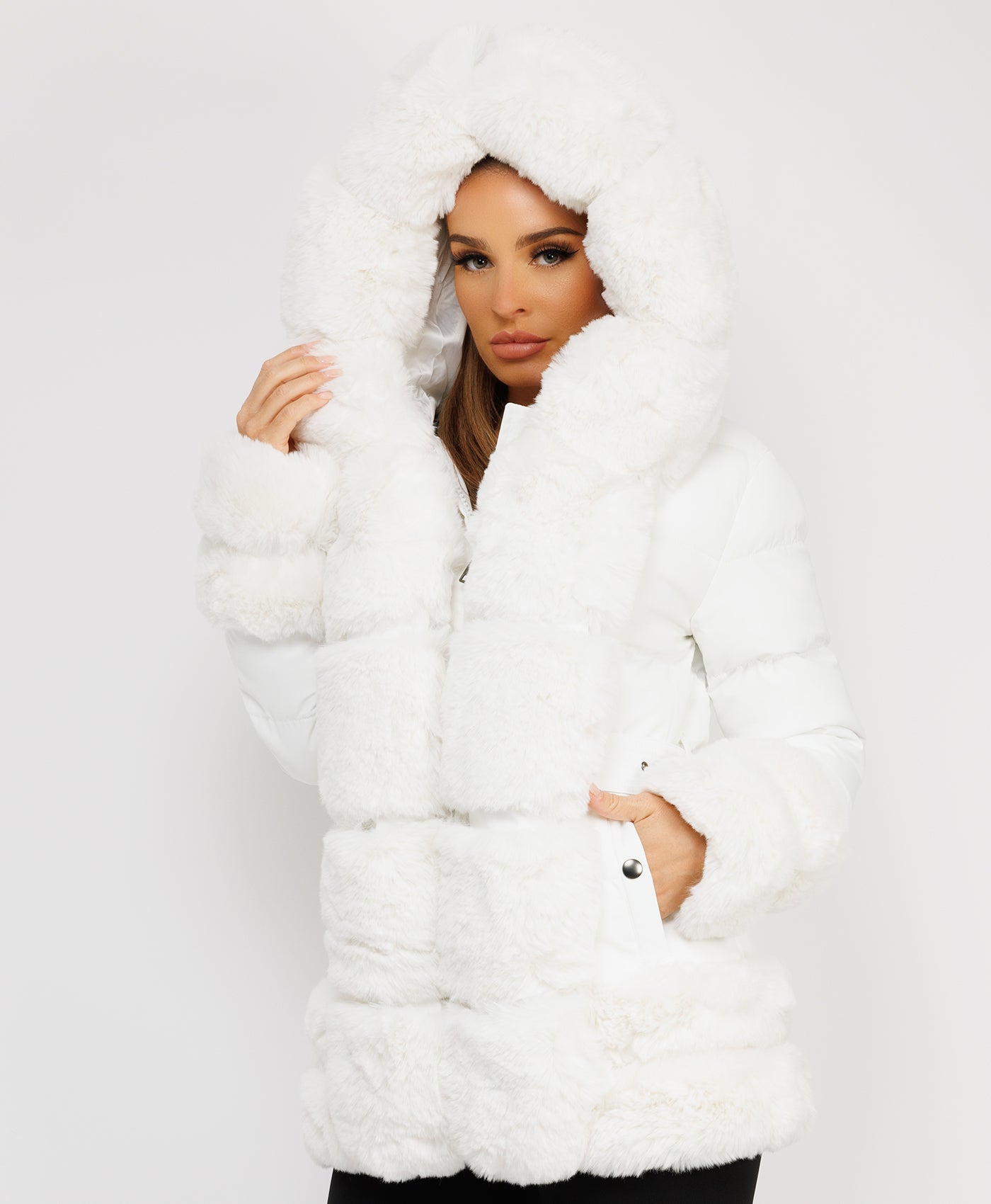 White Puffer Padded Jacket With Faux Fur Hood Cuff And Trim