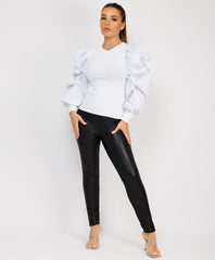 White Ribbed Ruched Puff Sleeve Top