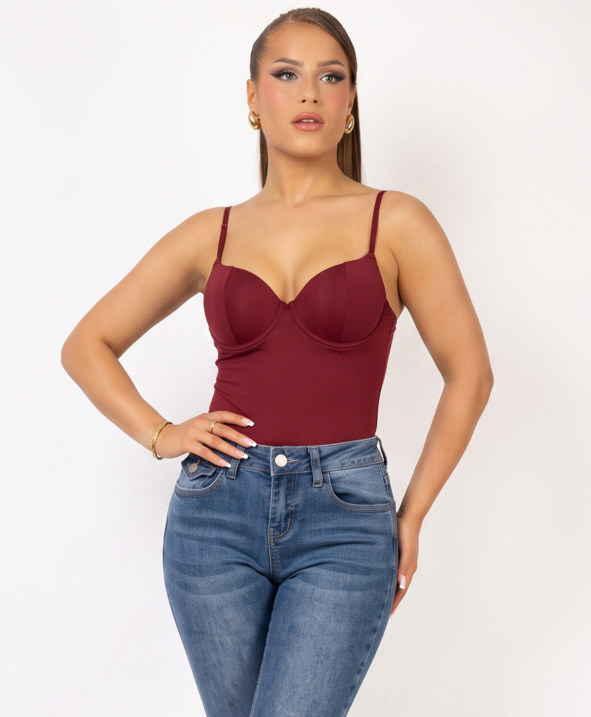 Wine Built-In Cup Cami Top with Double Strap Detail