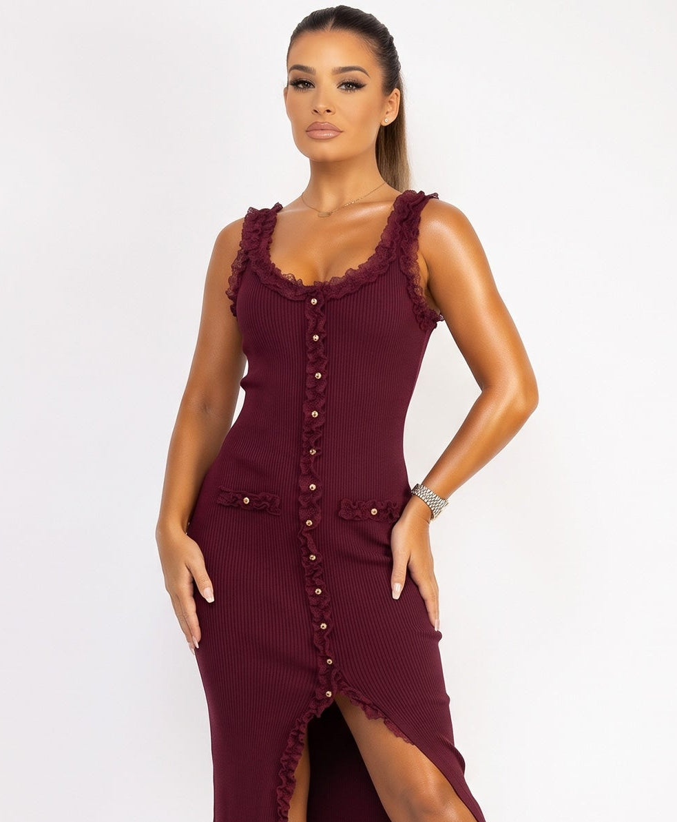 Wine Ribbed Lace Trim Knitted Button-Through Midi Dress