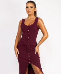 Wine Ribbed Lace Trim Knitted Button-Through Midi Dress