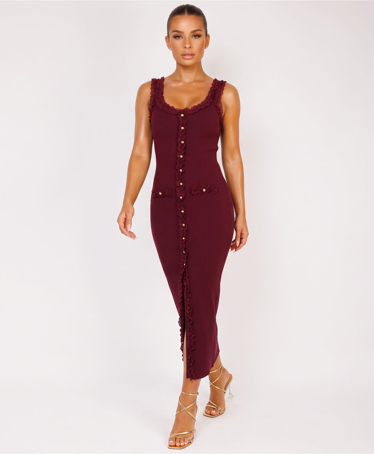 Wine Ribbed Lace Trim Knitted Button-Through Midi Dress