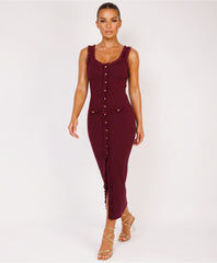 Wine Ribbed Lace Trim Knitted Button-Through Midi Dress