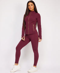 Wine Sport Gold Zipped Gym Jacket Leggings Co-Ord Set