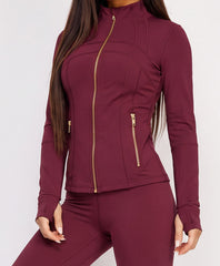 Wine Sport Gold Zipped Gym Jacket Leggings Co-Ord Set