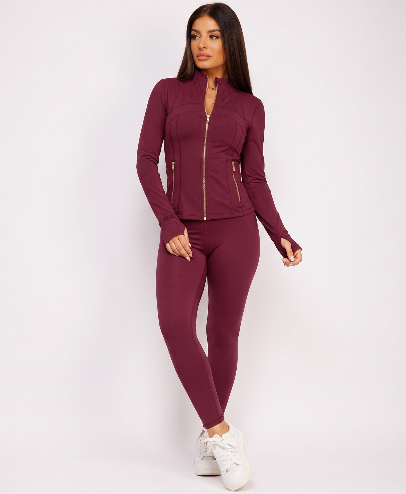 Wine Sport Gold Zipped Gym Jacket Leggings Co-Ord Set