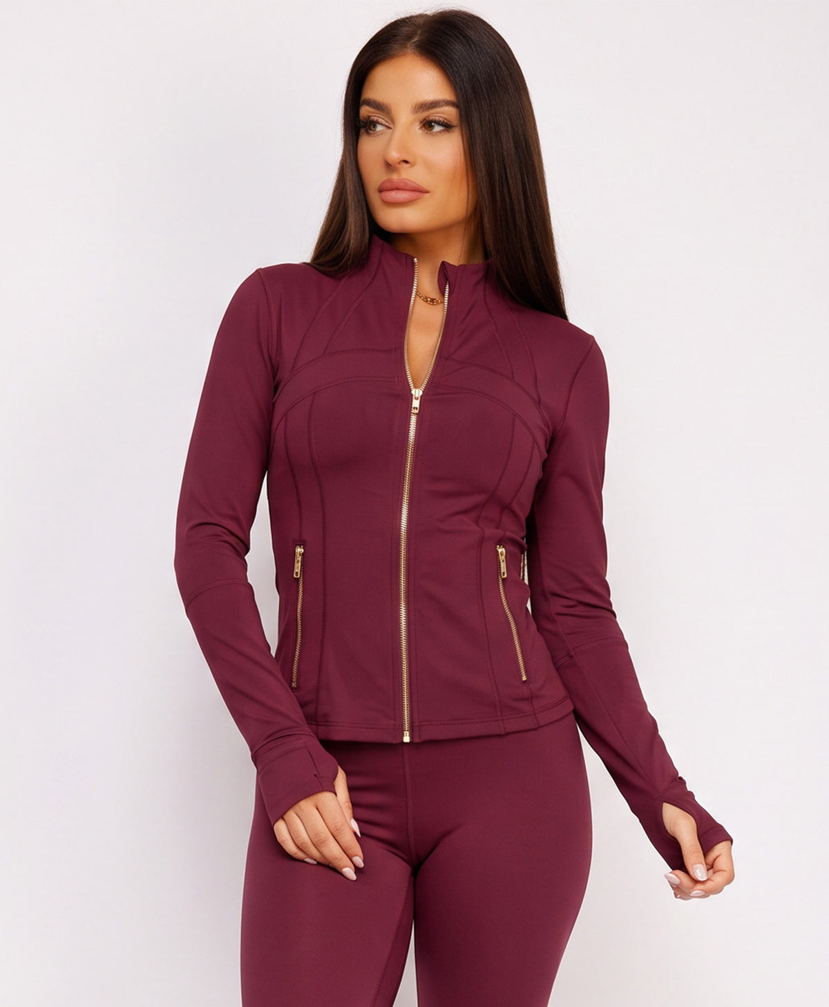 Wine Sport Gold Zipped Gym Jacket Leggings Co-Ord Set