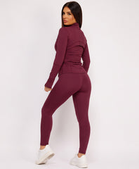 Wine Sport Gold Zipped Gym Jacket Leggings Co-Ord Set