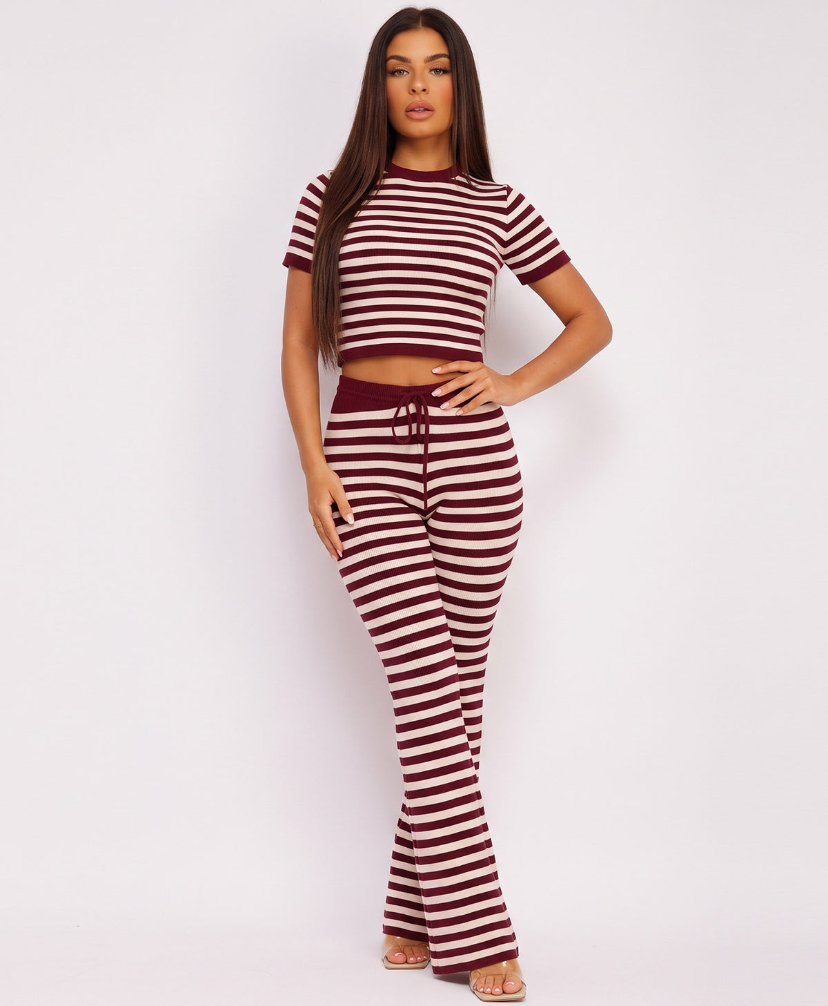 Wine Striped Knit Cropped T-Shirt Flare Trousers