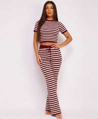 Wine Striped Knit Cropped T-Shirt Flare Trousers