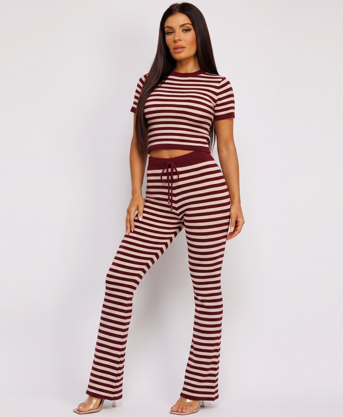 Wine Striped Knit Cropped T-Shirt Flare Trousers