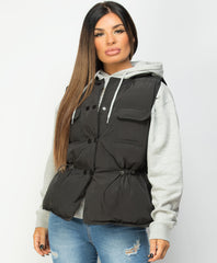 Black-Quilted-Popper-Button-Drawstring-Waist-Gilet-Bodywarmer-4