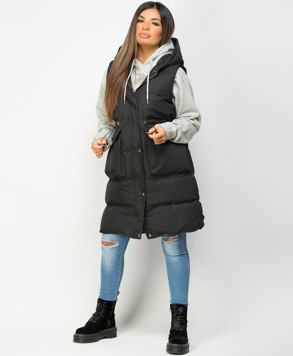 Black-Long-Drawstring-Waist-Hooded-Bodywarmer-Gilet-4