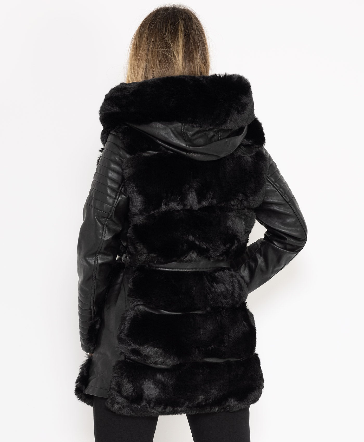 Black-Pu-Pvc-Tiered-Faux-Fur-Hooded-3-4-Coat-Jacket-5