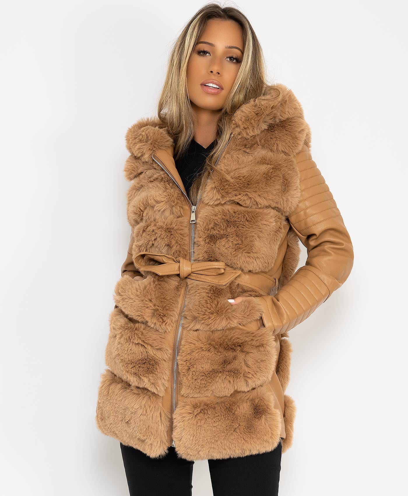 Camel-Pu-Pvc-Tiered-Faux-Fur-Hooded-3-4-Coat-Jacket-3