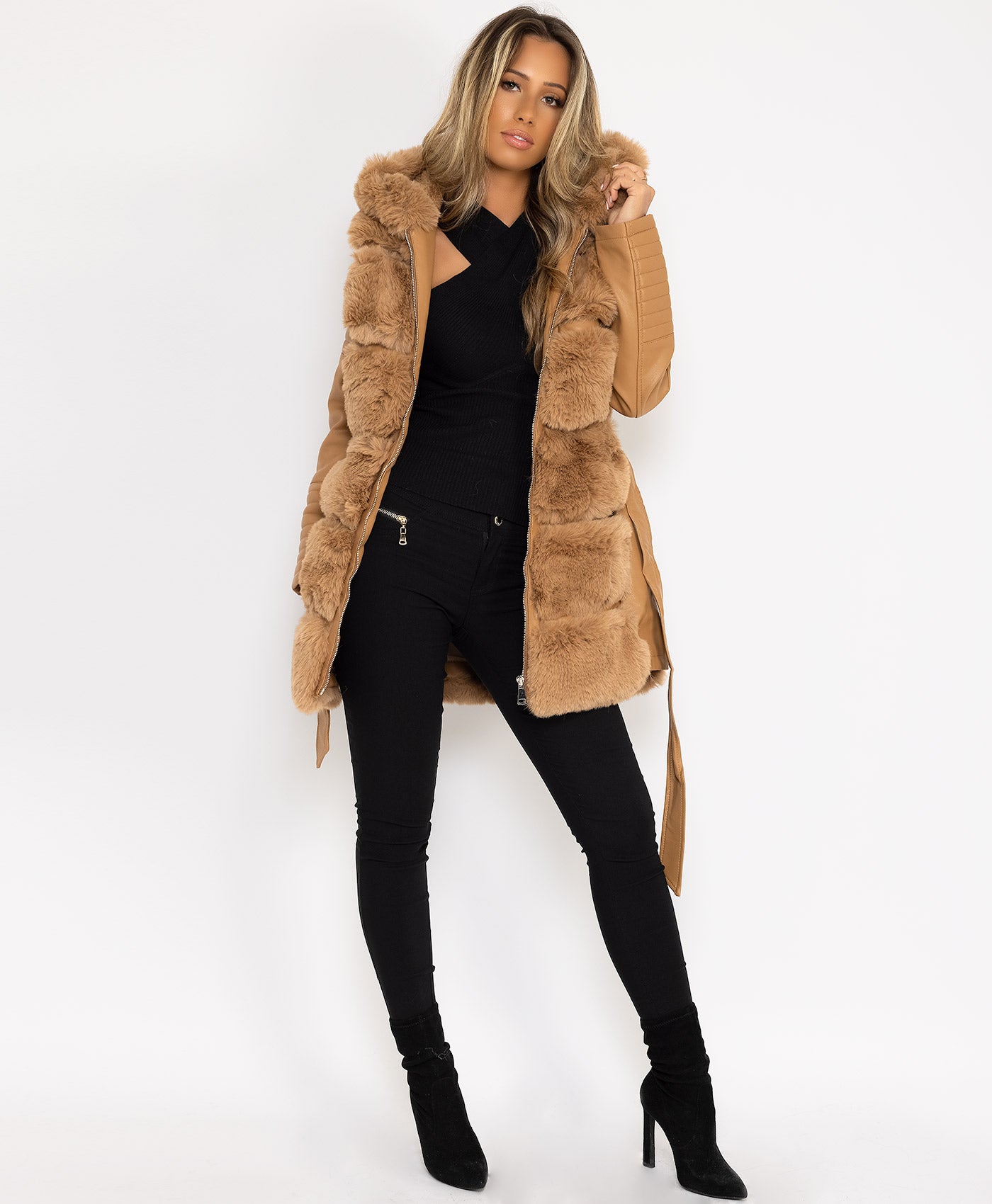 Camel-Pu-Pvc-Tiered-Faux-Fur-Hooded-3-4-Coat-Jacket-4