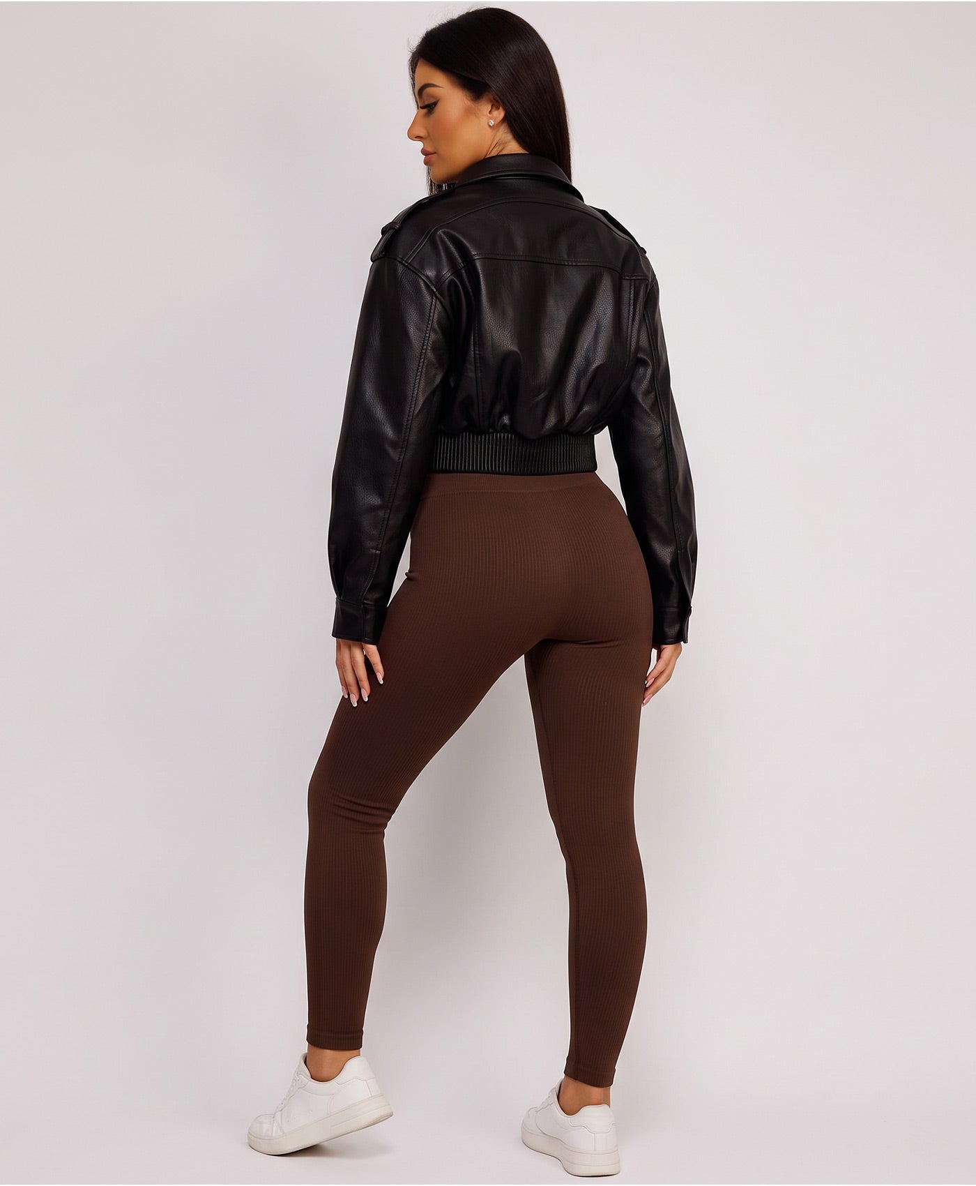 Chocolate Faux Leather Bomber Jacket With Ribbed Hem