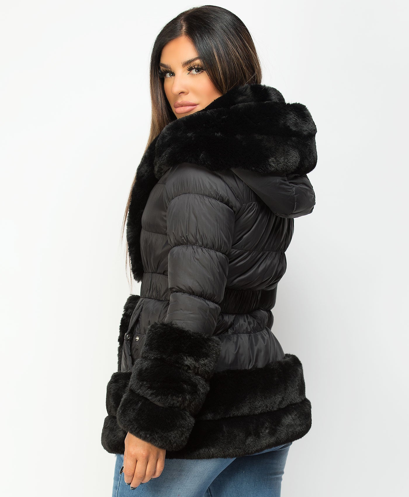 Black-Faux-Fur-Trim-Cuff-Hem-Hooded-Belted-Quilted-Coat-Jacket-5