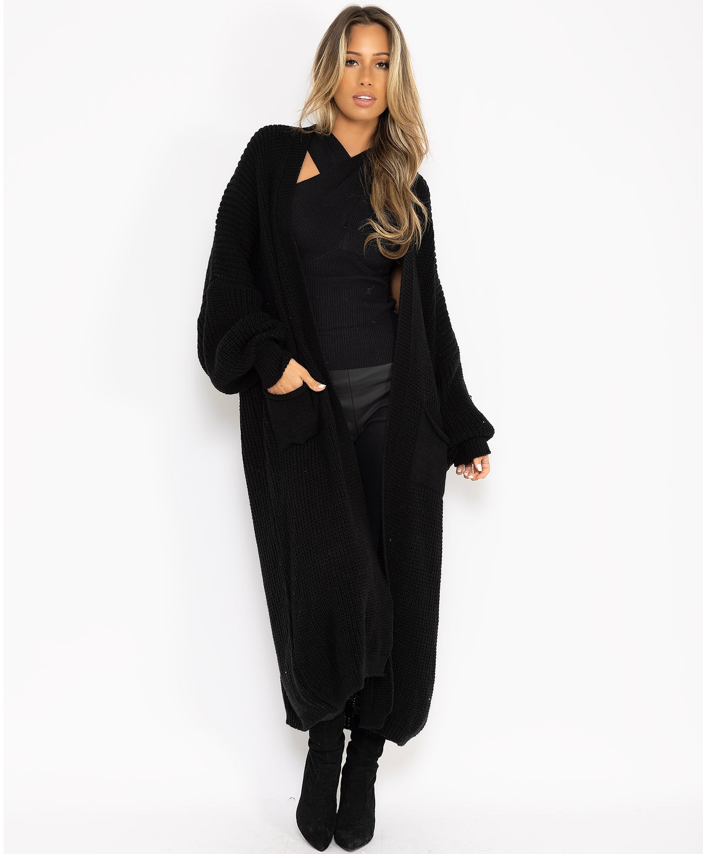 Black-Baloon-Sleeve-Long-Length-Knitted-Open-Cardigan-3