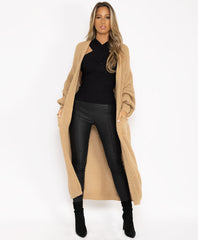 Camel-Baloon-Sleeve-Long-Length-Knitted-Open-Cardigan-1