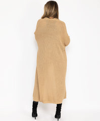 Camel-Baloon-Sleeve-Long-Length-Knitted-Open-Cardigan-4