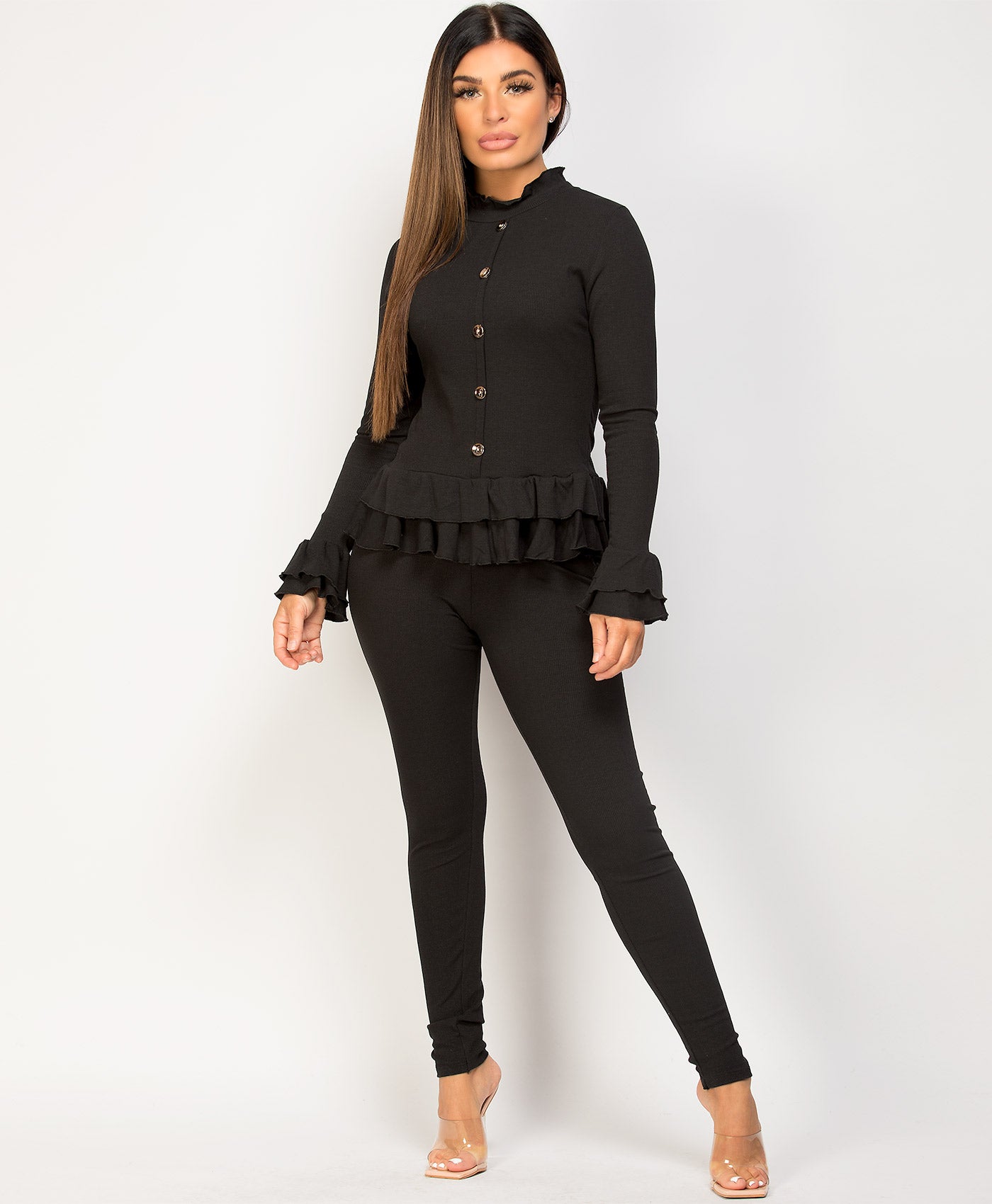 Black-Frill-Gold-Button-Ribbed-Loungewear-Set-1