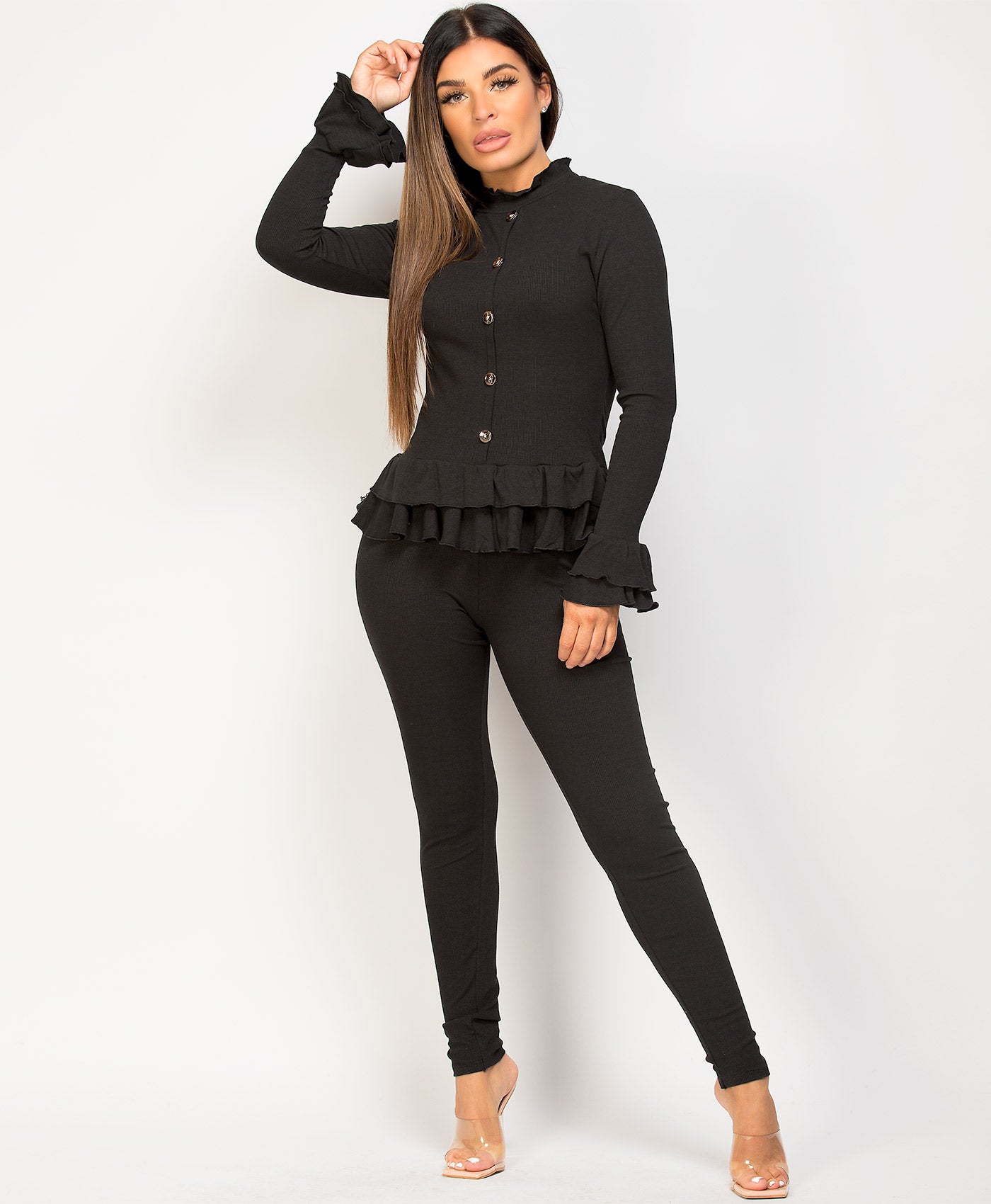 Long sleeve zip up top ribbed leggings with pockets 2 piece set