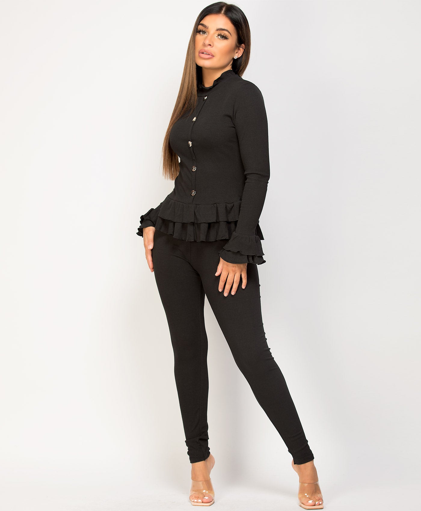Black-Frill-Gold-Button-Ribbed-Loungewear-Set-4