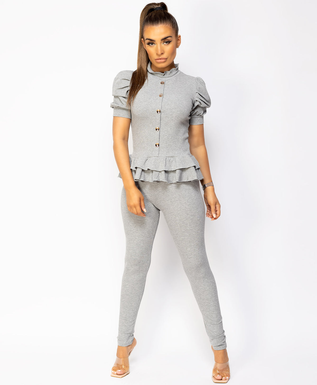 Grey-Short-Sleeve-Frill-Gold-Button-Ribbed-Loungewear-Set-1