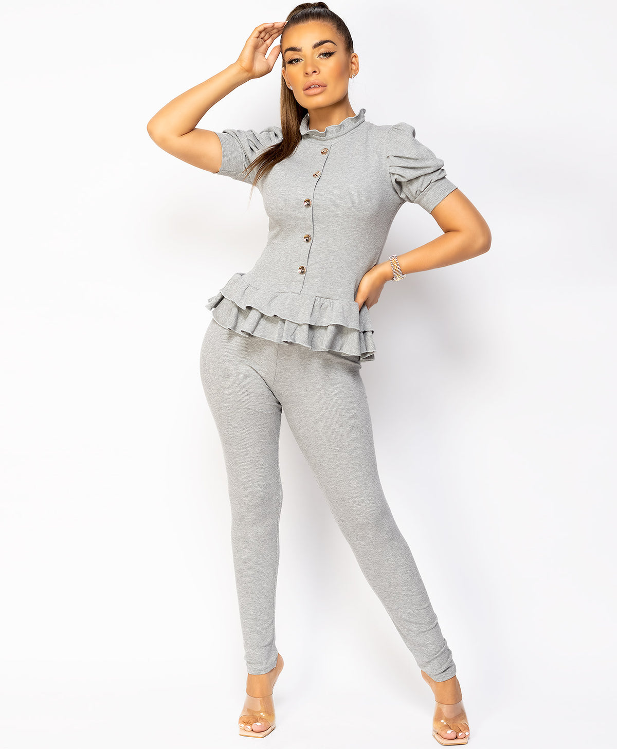 Grey-Short-Sleeve-Frill-Gold-Button-Ribbed-Loungewear-Set-2