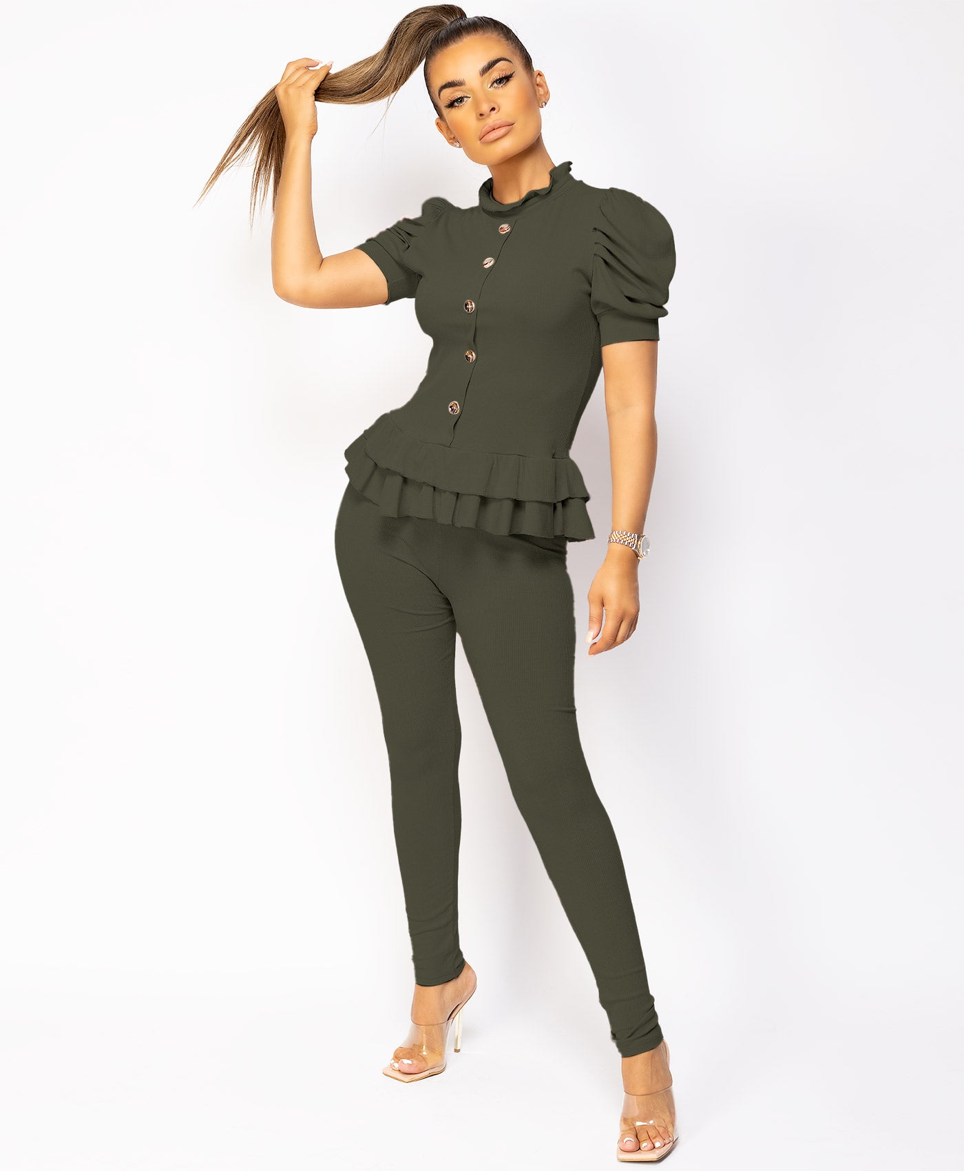 Khaki Short Sleeve Frill Loungewear Set – - Main Image