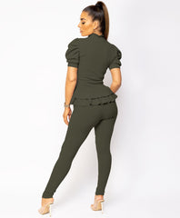 Khaki-Short-Sleeve-Frill-Gold-Button-Ribbed-Loungewear-Set-4