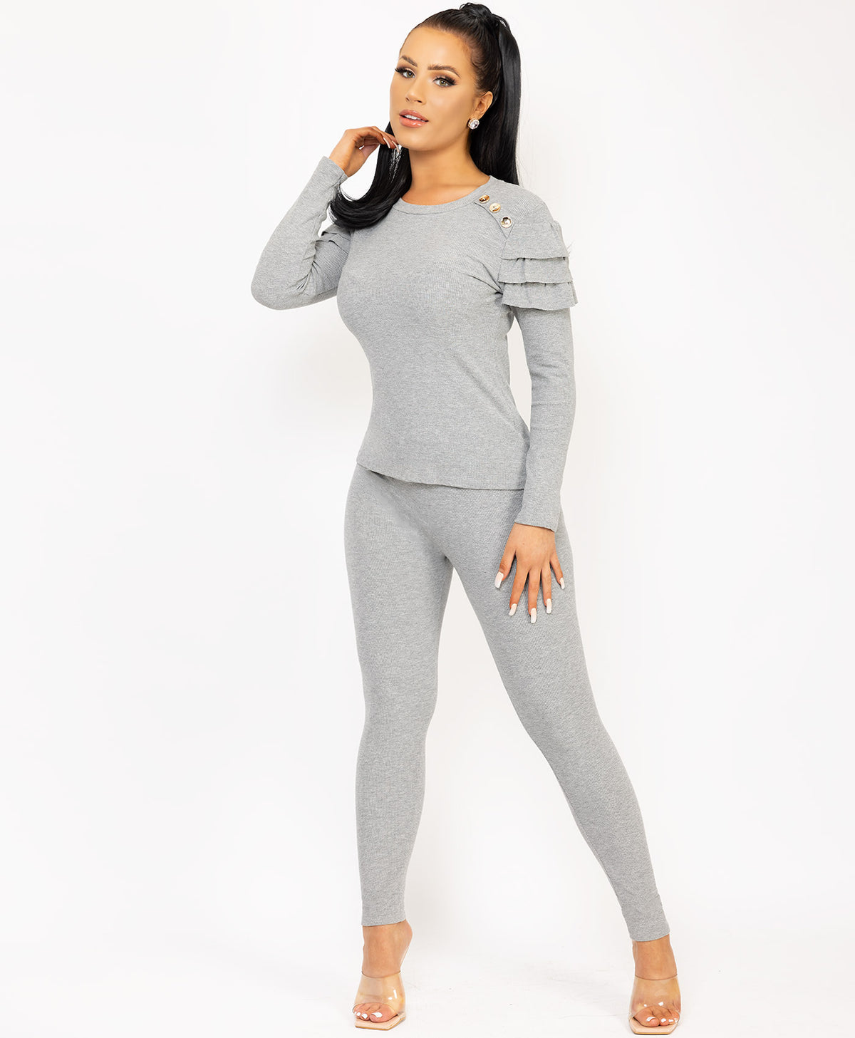 Grey-Frill-Shoulder-Gold-Button-Ribbed-Loungewear-Set-1