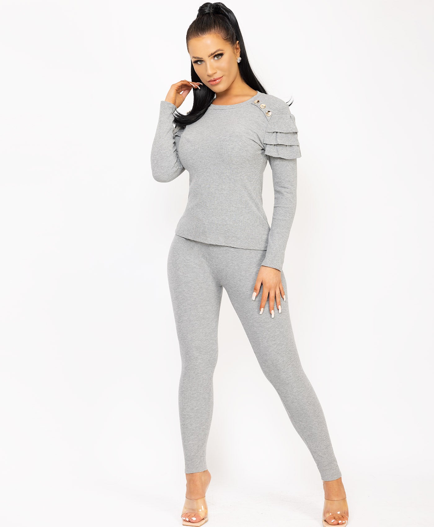 Grey-Frill-Shoulder-Gold-Button-Ribbed-Loungewear-Set-2