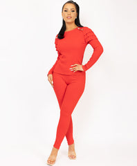 Red-Frill-Shoulder-Gold-Button-Ribbed-Loungewear-Set-3