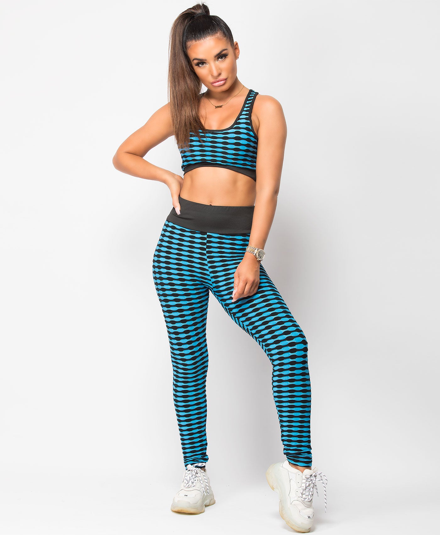 Blue-Honeycomb-Waffle-Textured-Two-Tone-Crop-Top-Leggings-Co-Ord-Set-1