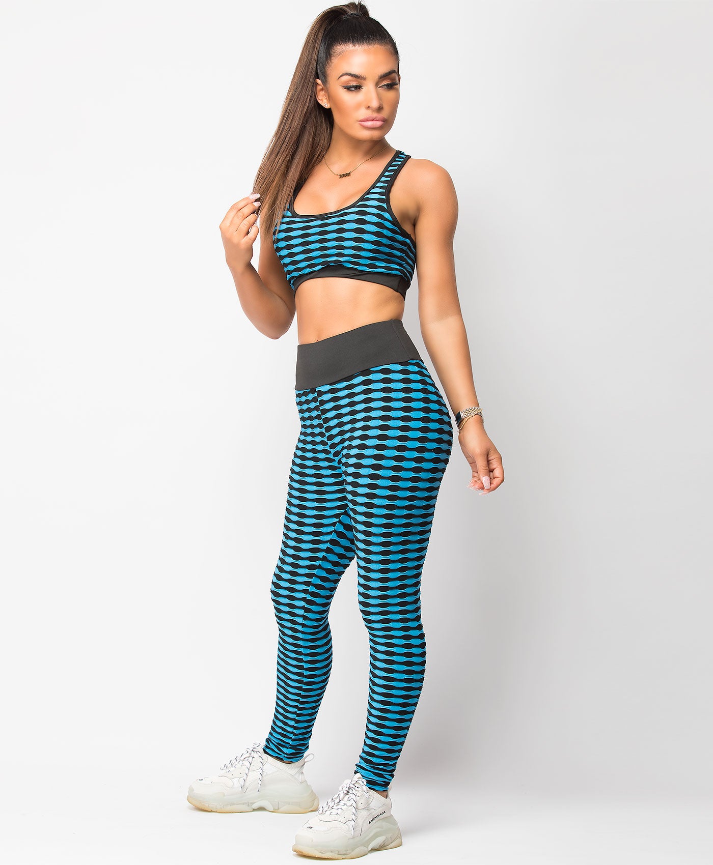 Blue-Honeycomb-Waffle-Textured-Two-Tone-Crop-Top-Leggings-Co-Ord-Set-2