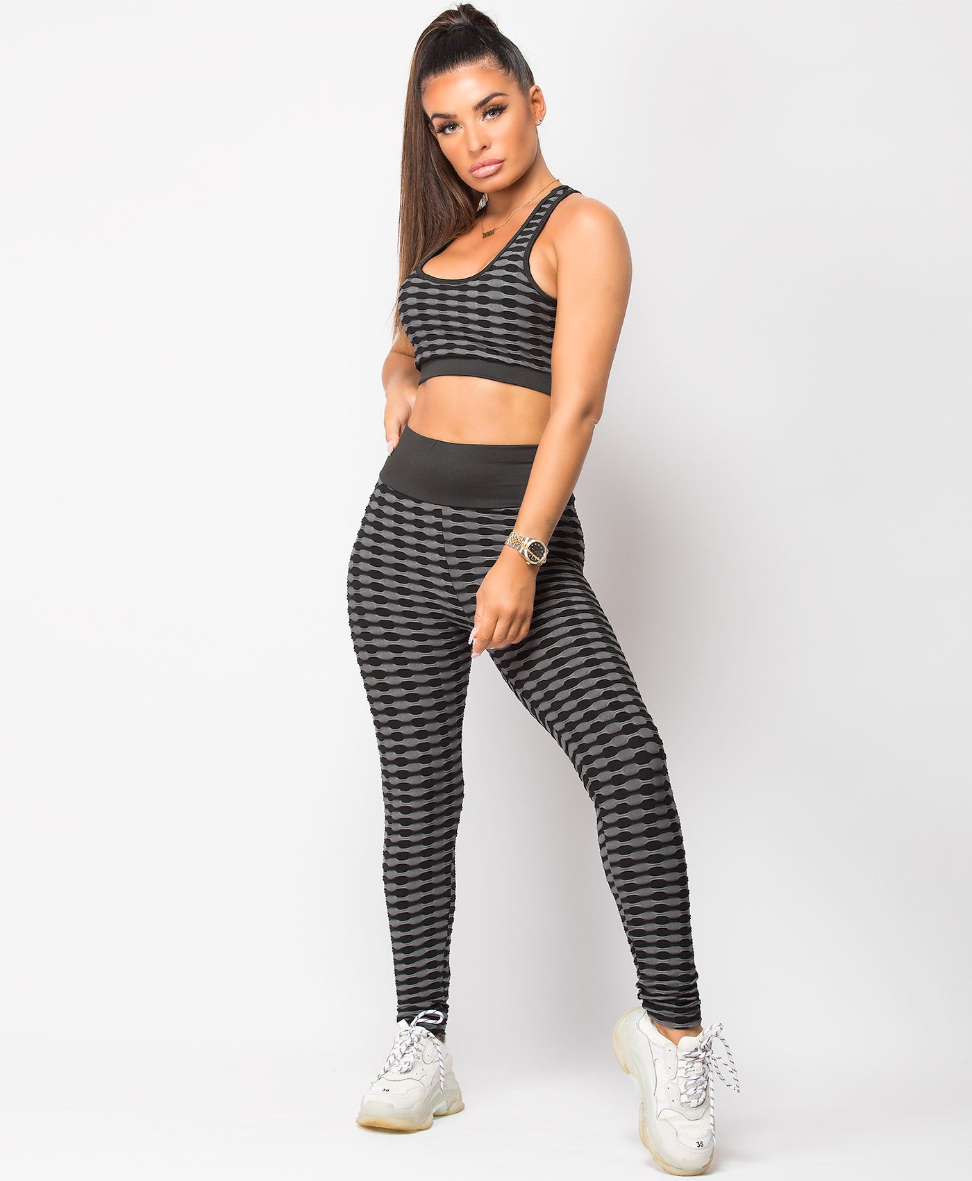 Grey-Honeycomb-Waffle-Textured-Two-Tone-Crop-Top-Leggings-Co-Ord-Set-1