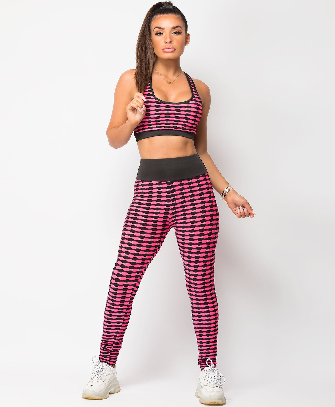 Pink-Honeycomb-Waffle-Textured-Two-Tone-Crop-Top-Leggings-Co-Ord-Set-1