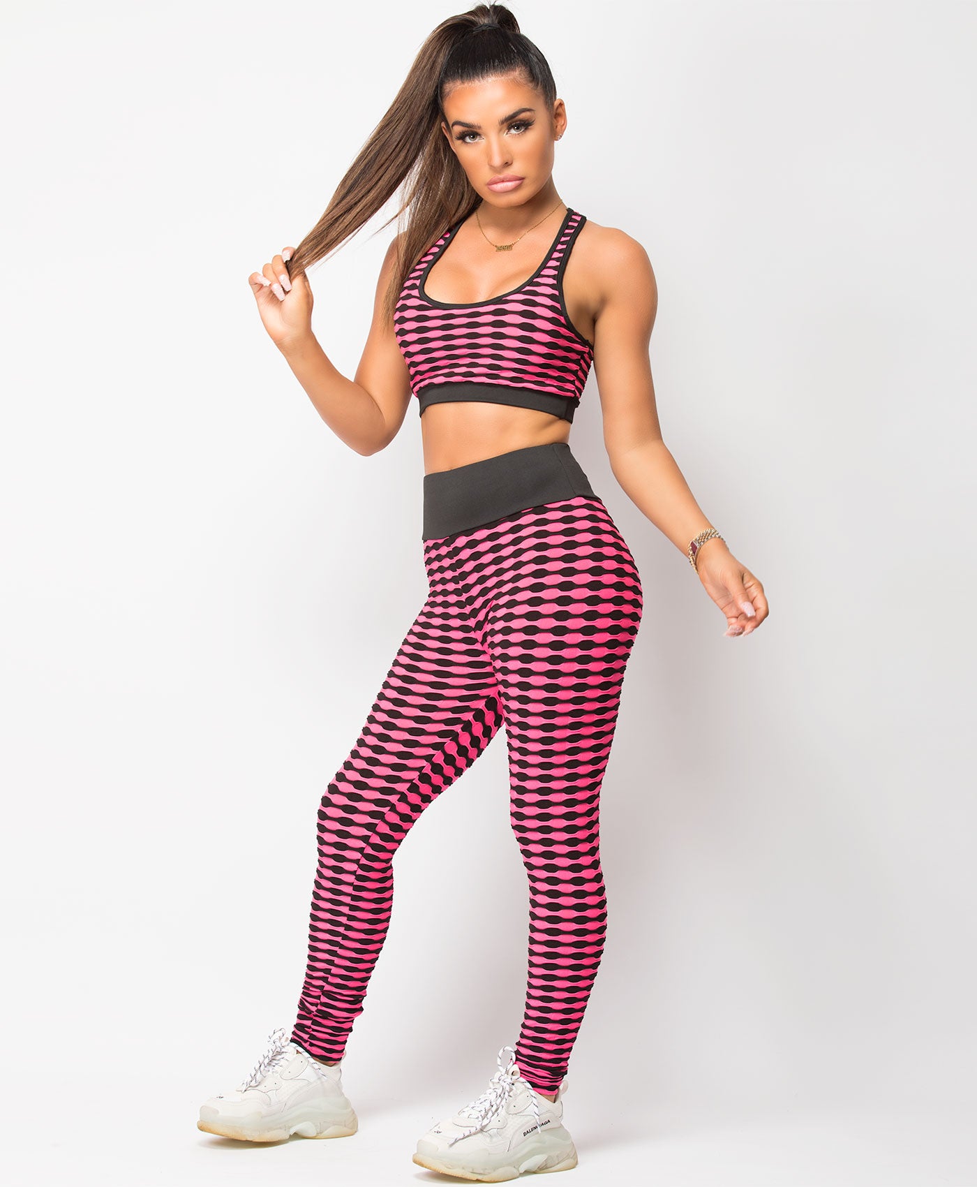Pink-Honeycomb-Waffle-Textured-Two-Tone-Crop-Top-Leggings-Co-Ord-Set-2