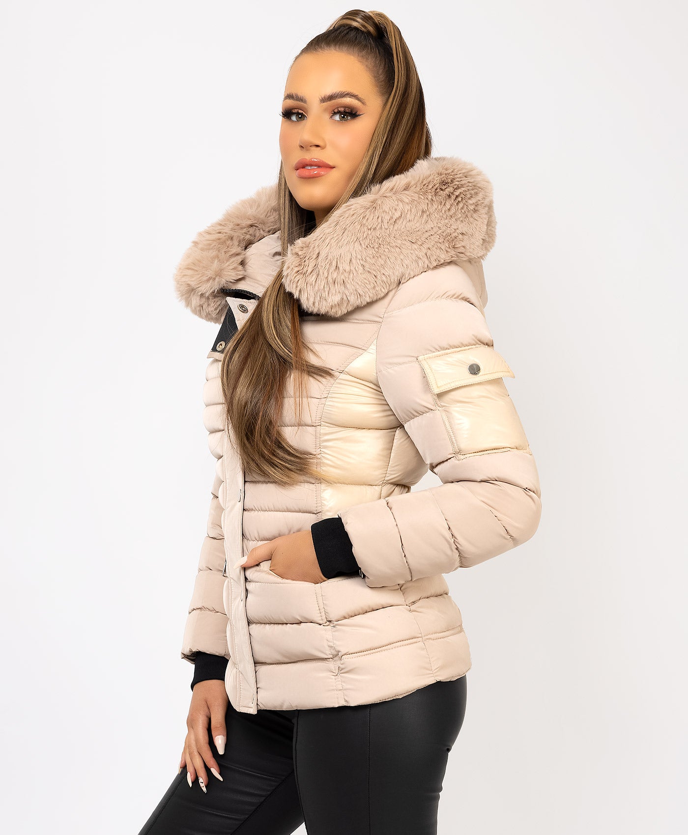 Beige-Padded-Quilted-Faux-Fur-Hooded-Puffer-Jacket-3