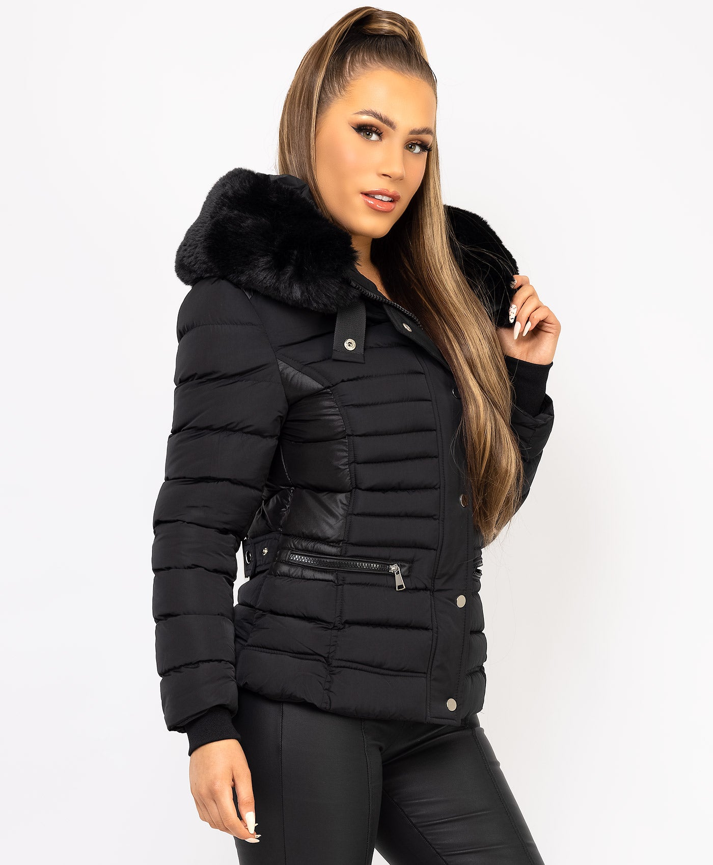Quilted Faux Fur Hooded Padded Puffer Coat Black Factory Sale ...
