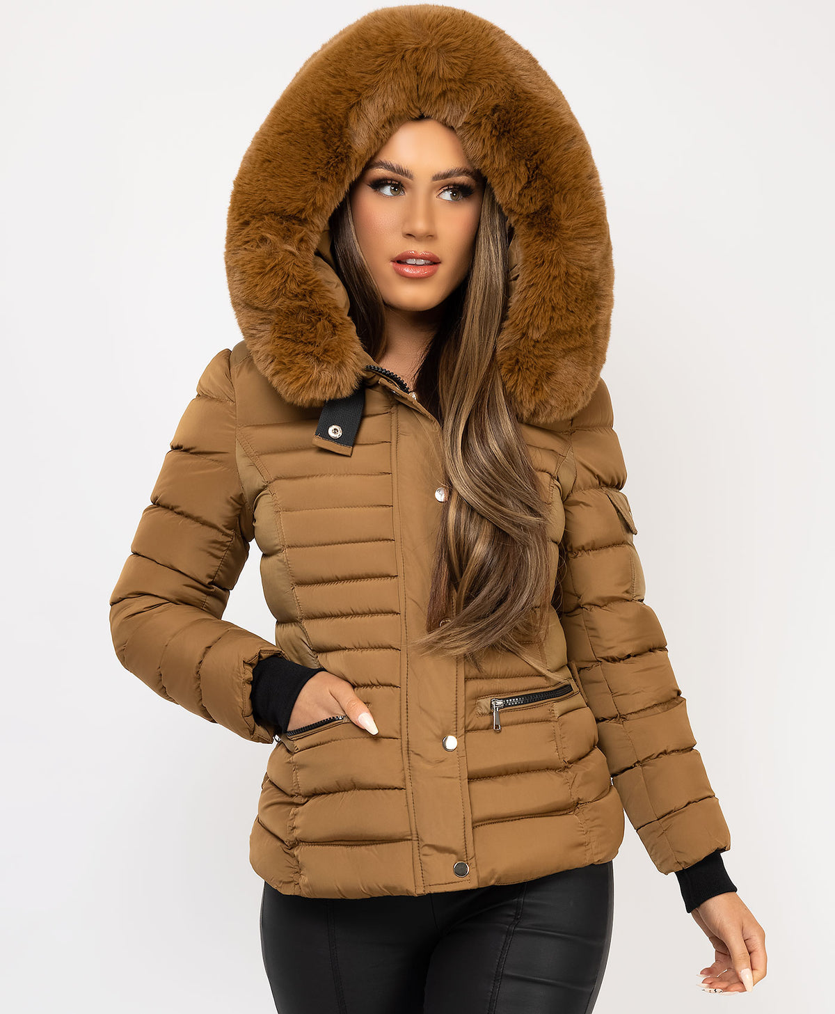 Camel-Padded-Quilted-Faux-Fur-Hooded-Puffer-Jacket-1