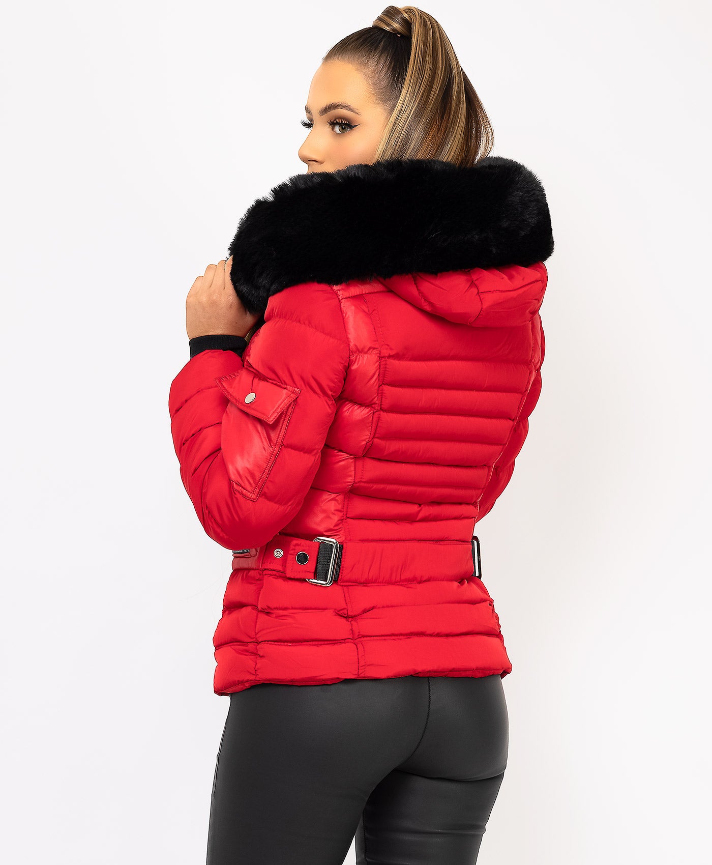 Red Padded Quilted Faux Fur Hood Puffer Jacket Coat – www