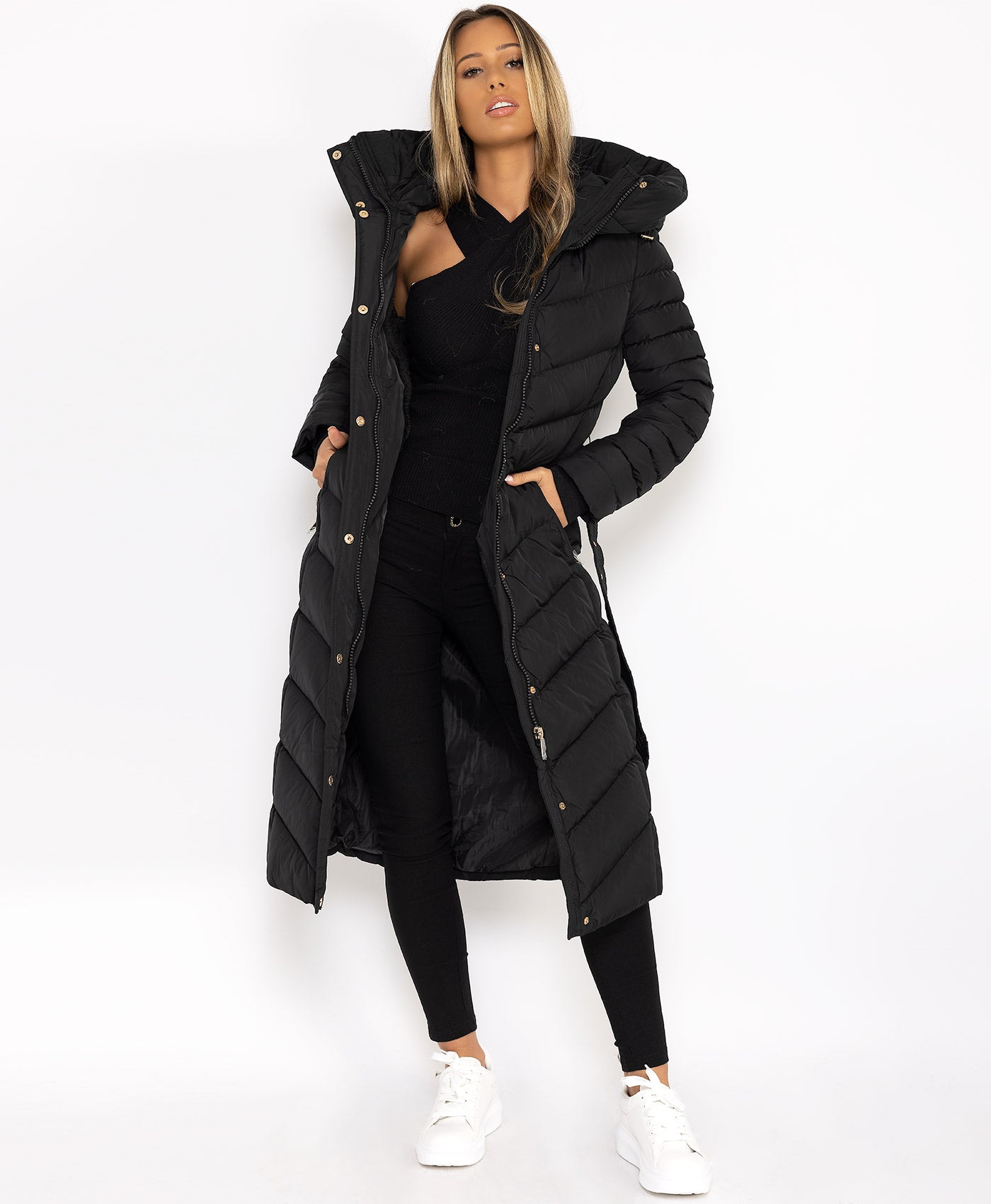 Black Longline Padded Full Length Belted Puffer Coat Jacket - Black / 14