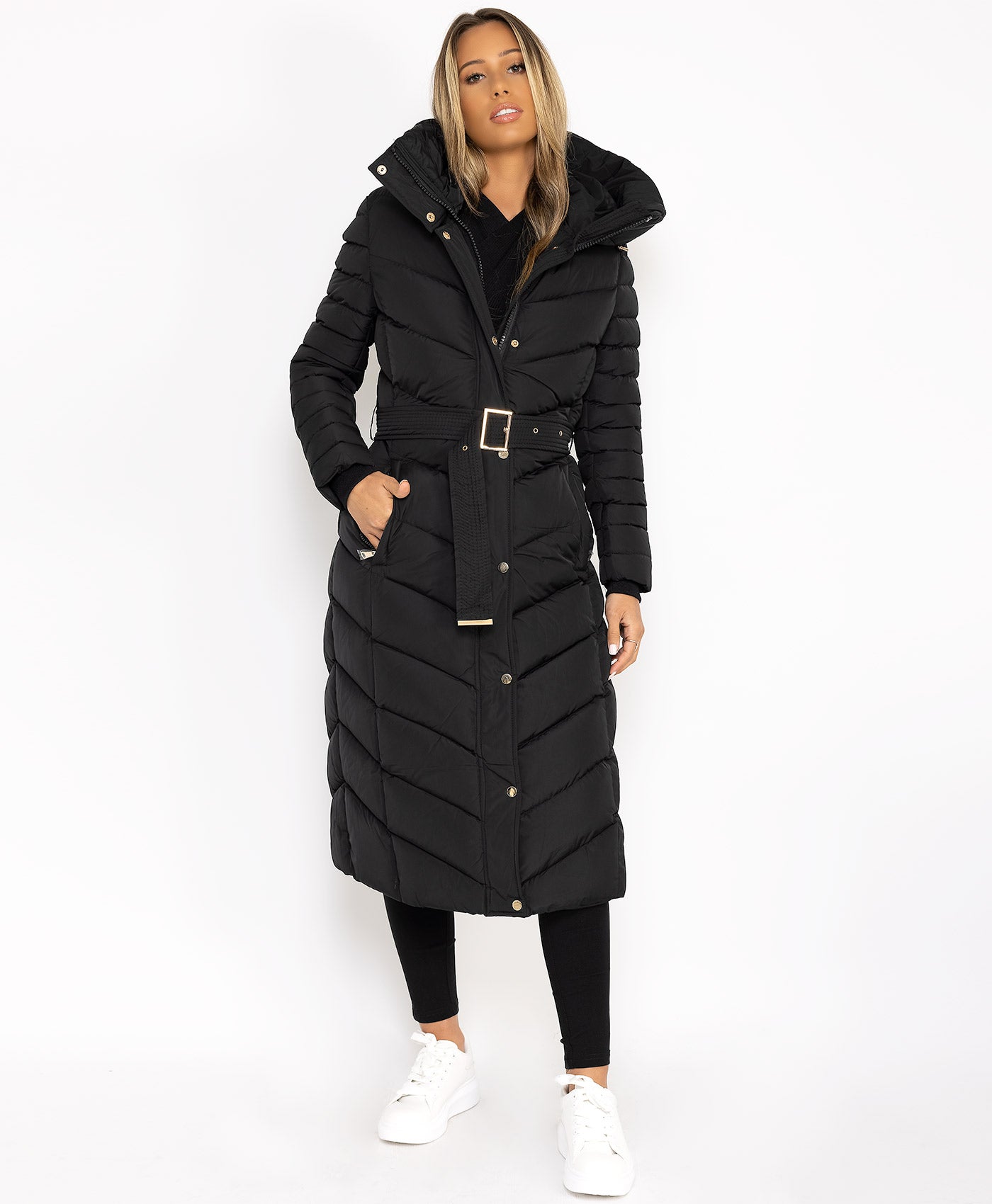 Black Longline Padded Full Length Belted Puffer Coat Jacket