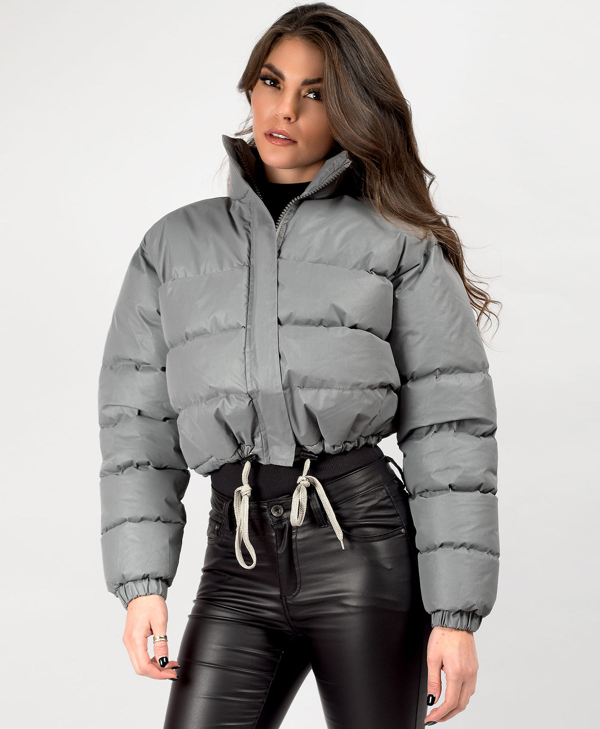 Grey Reflective Padded Cropped Puffer Jacket www.lexifashion